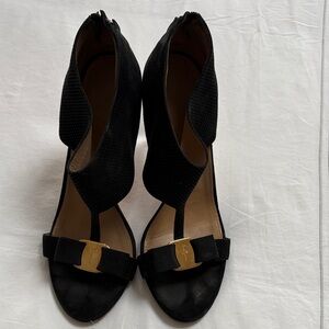 Salvatore Ferragamo Black Heels with Gold Buckle